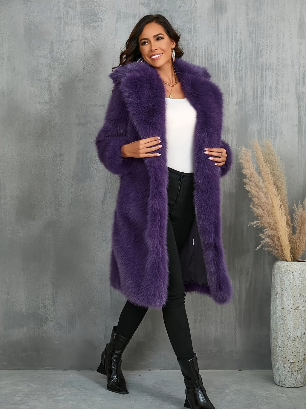 Plus Size Purple Faux Fur Lapel Coat