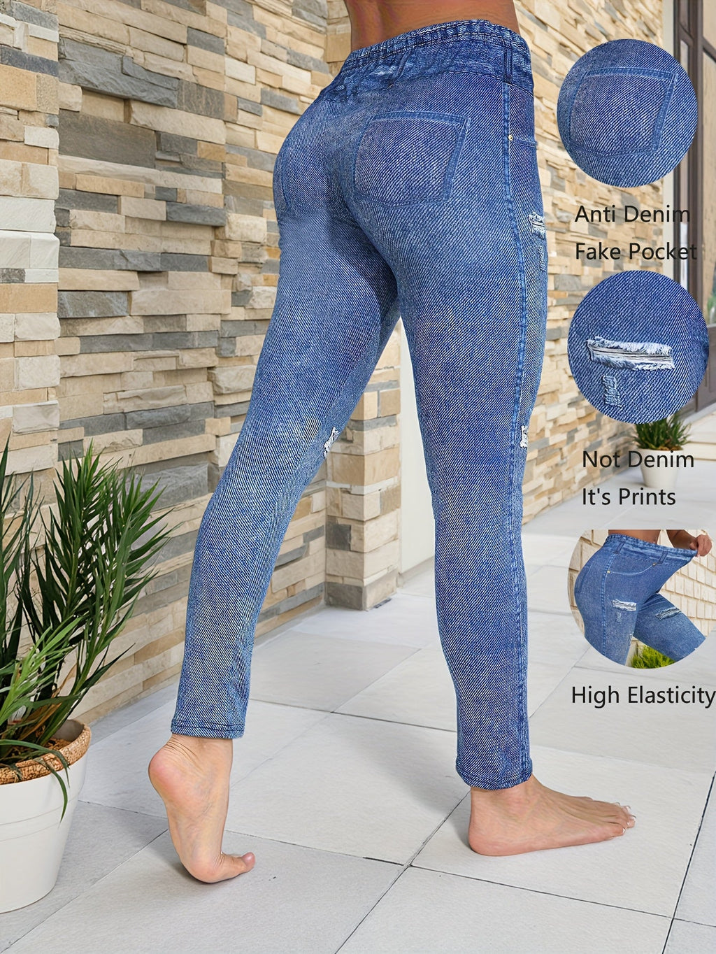 Plus Size Ripped-Effect Faux Denim Cropped Leggings