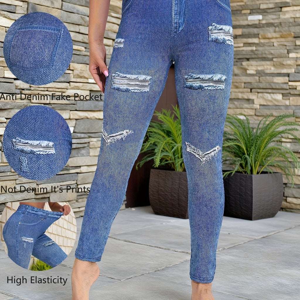 Plus Size Ripped-Effect Faux Denim Cropped Leggings