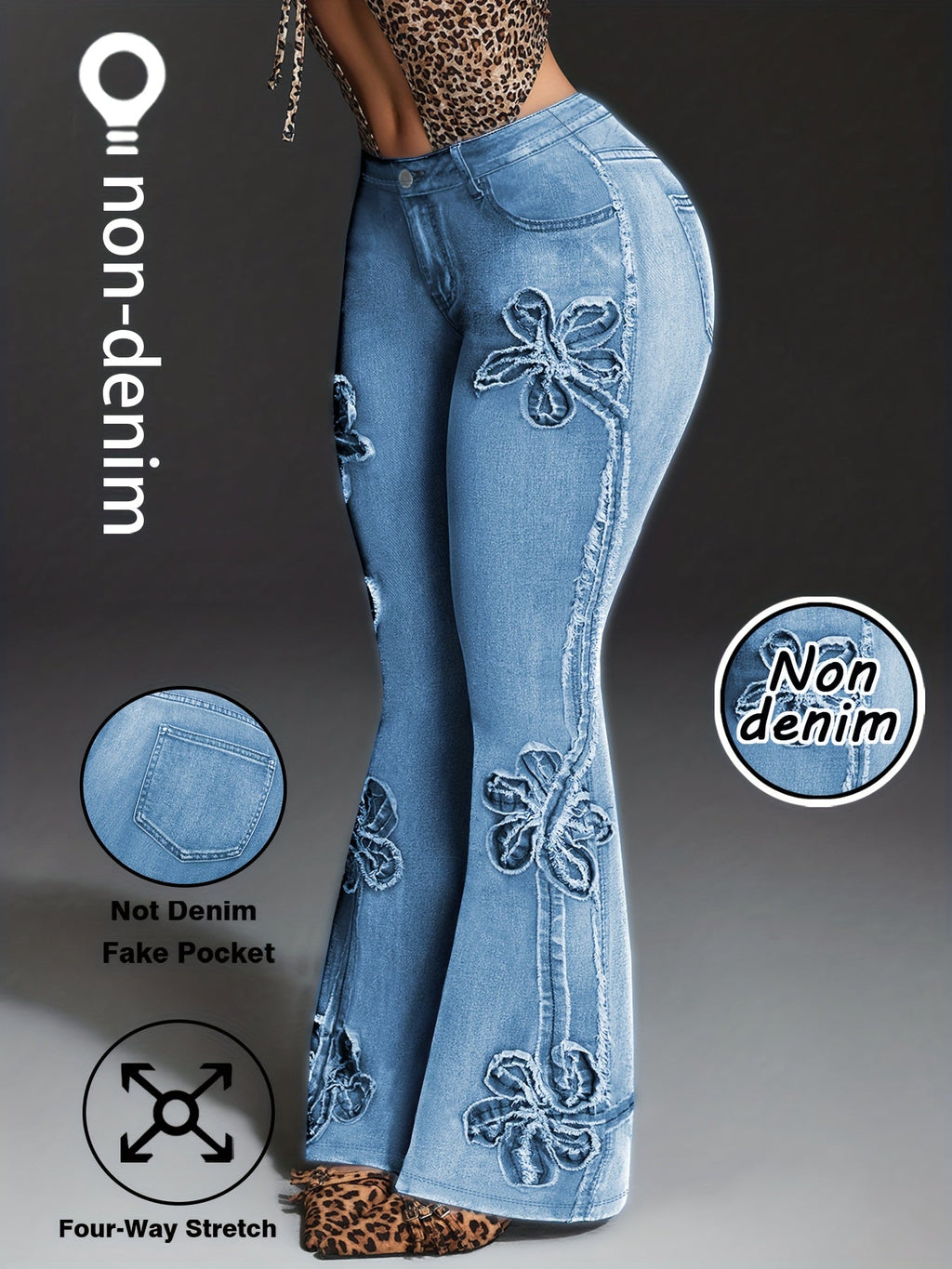 Plus Size Faux Denim Print Stretch Trousers