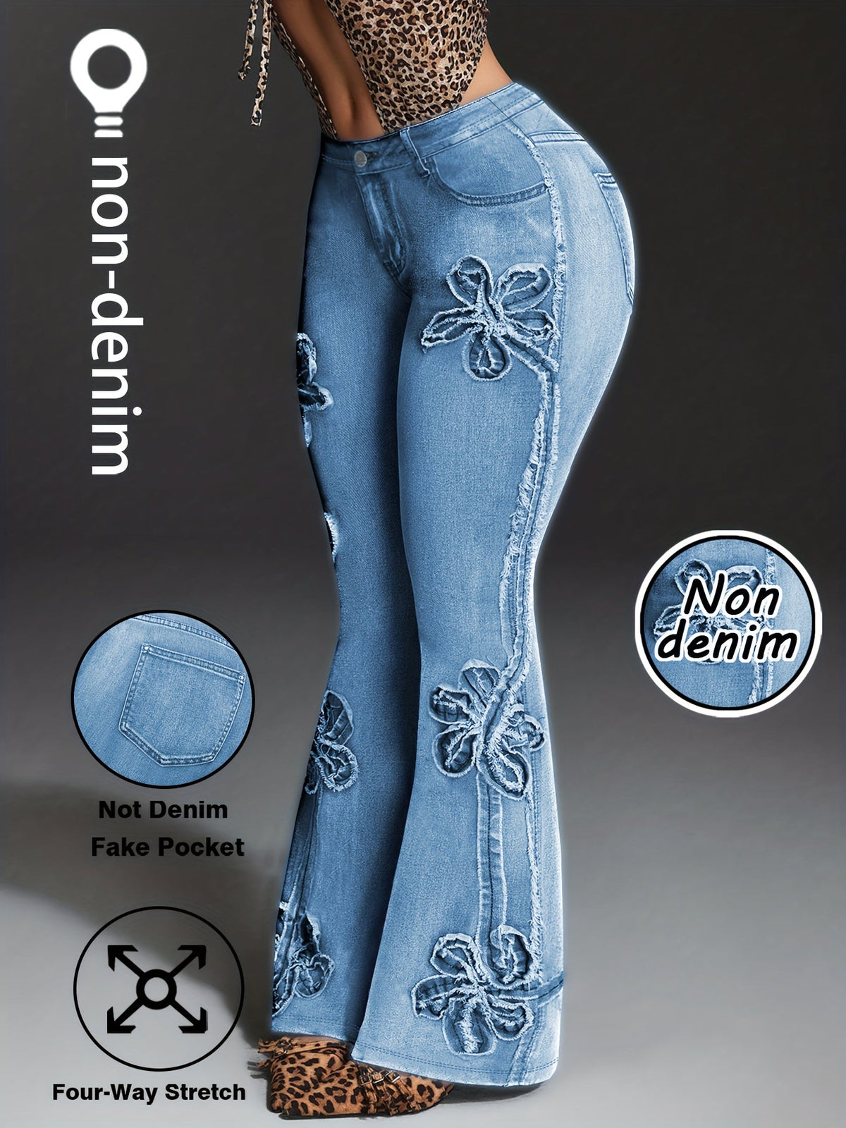 Plus Size Faux Denim Print Stretch Trousers