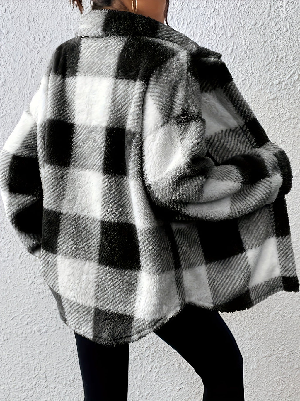 Plus Size Checked Button-Front Jacket with Long Sleeves
