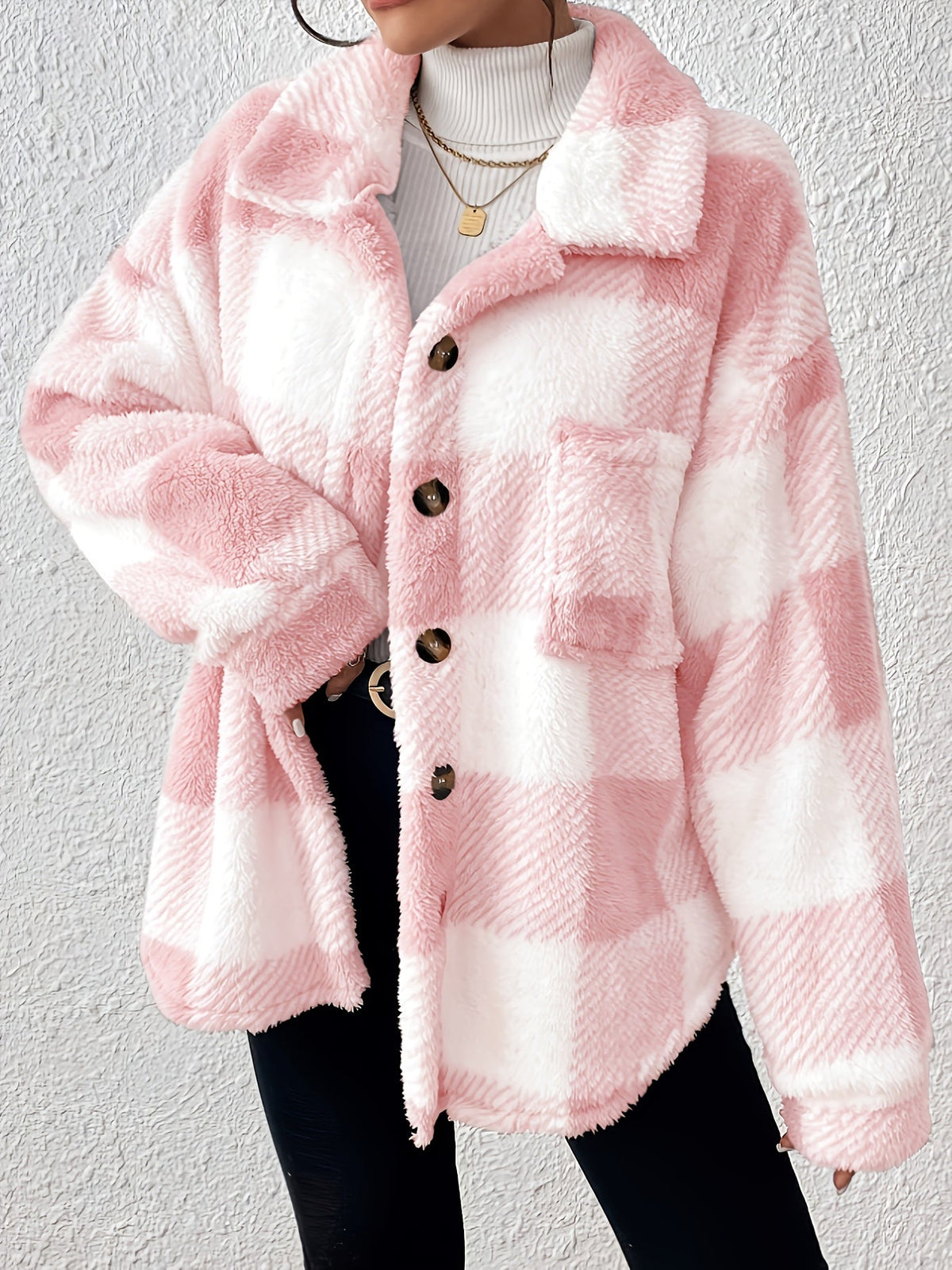 Plus Size Checked Button-Front Jacket with Long Sleeves