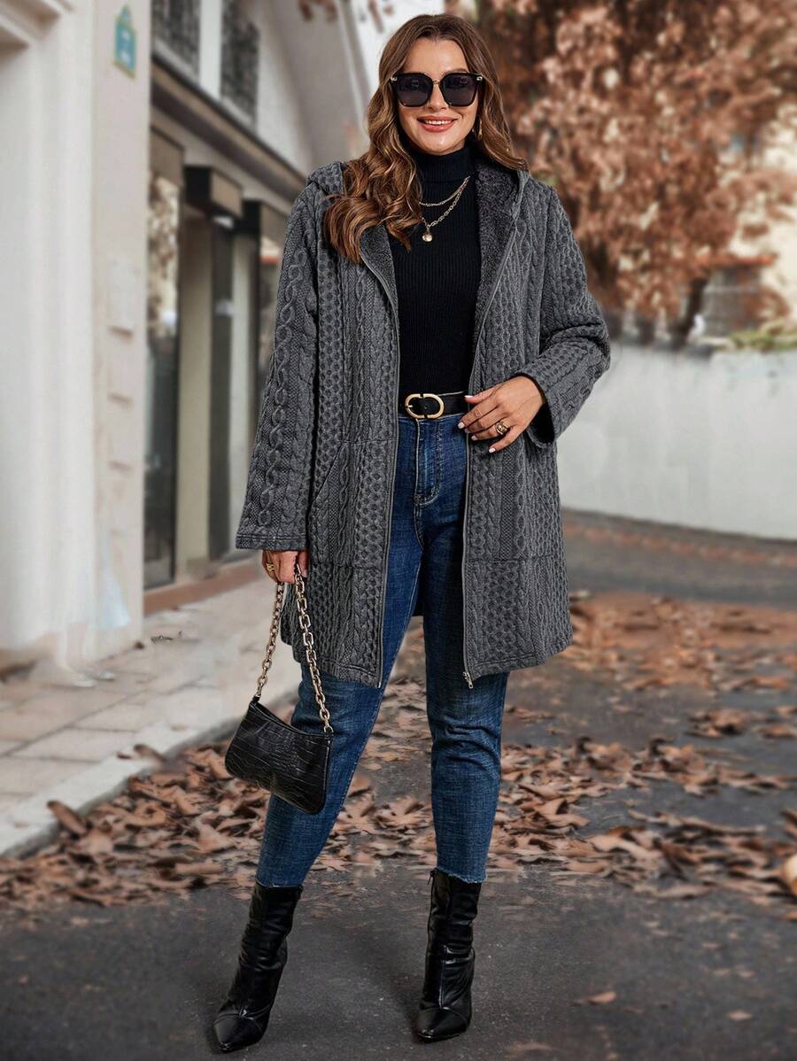 Plus Size Longline Knit Hoodie with Pockets