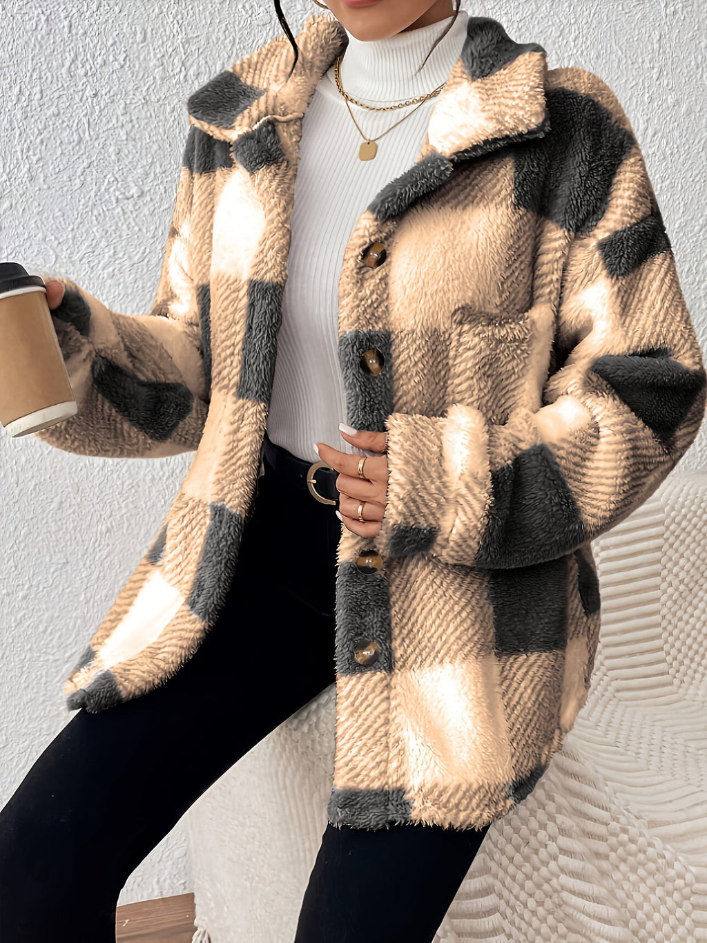 Plus Size Checked Button-Front Jacket with Long Sleeves