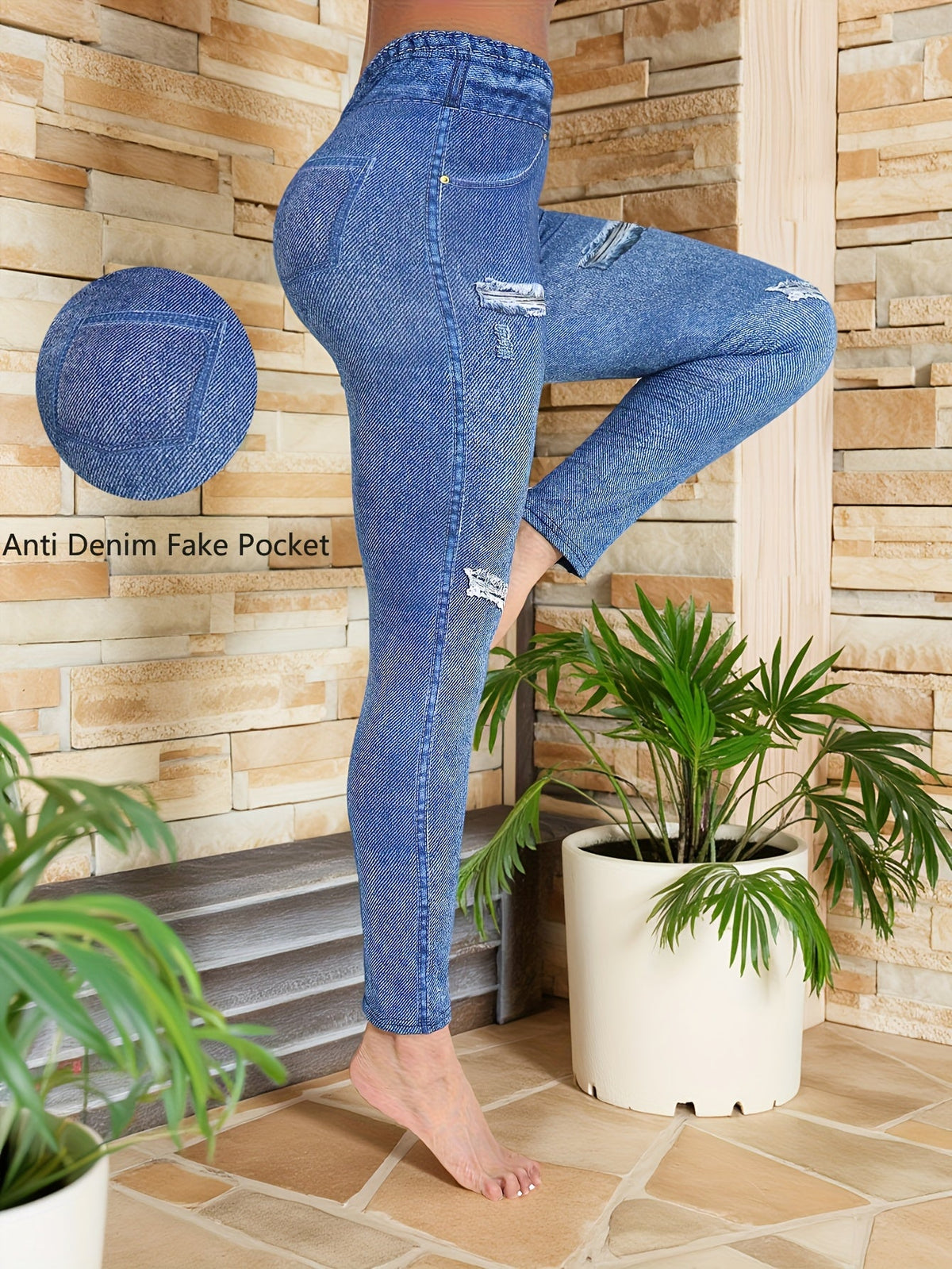Plus Size Ripped-Effect Faux Denim Cropped Leggings
