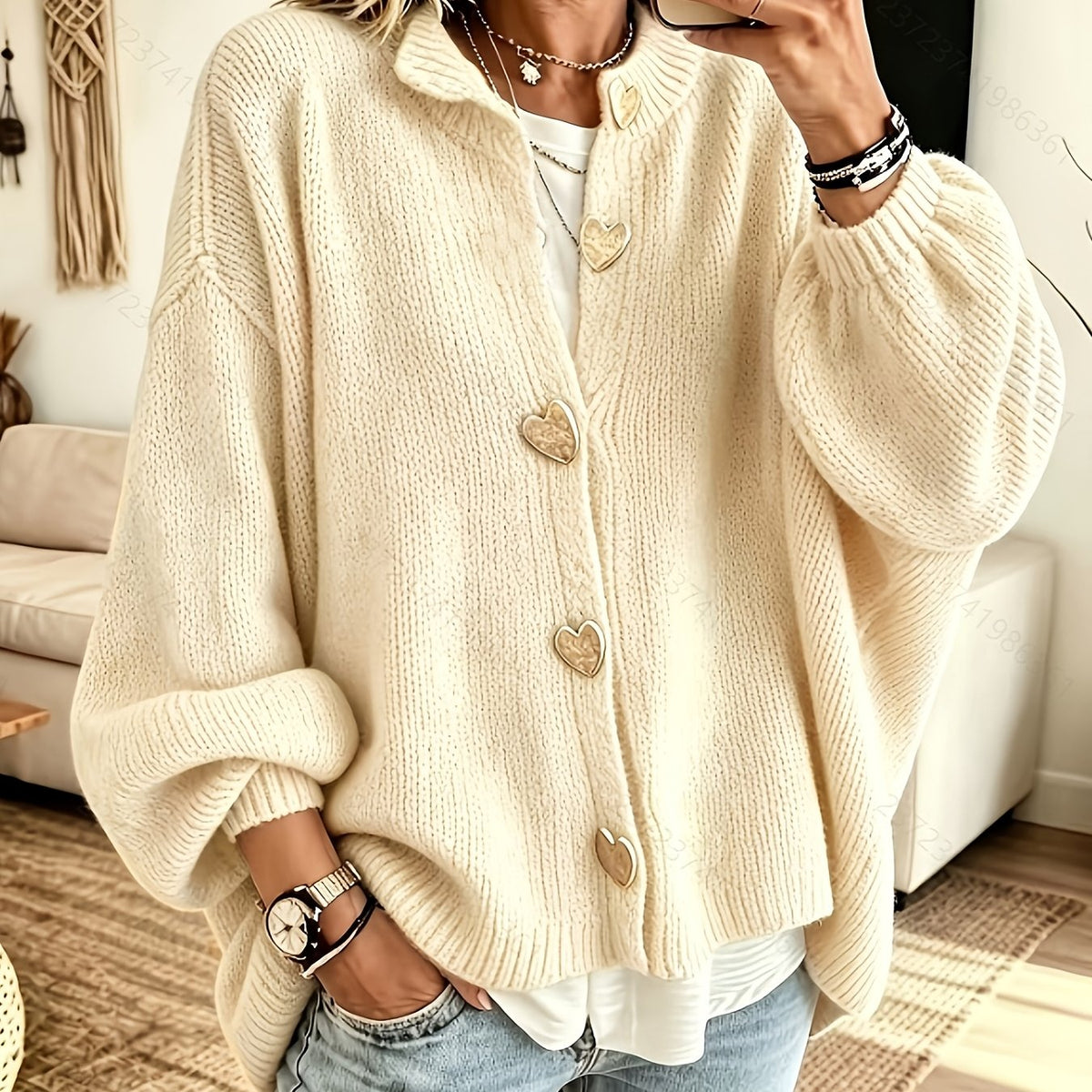 Plus Size Heart Button Crew Neck Cardigan