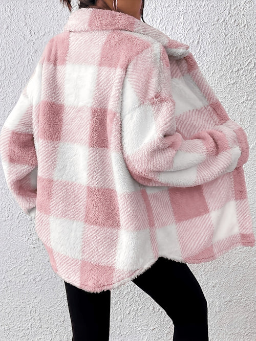 Plus Size Checked Button-Front Jacket with Long Sleeves