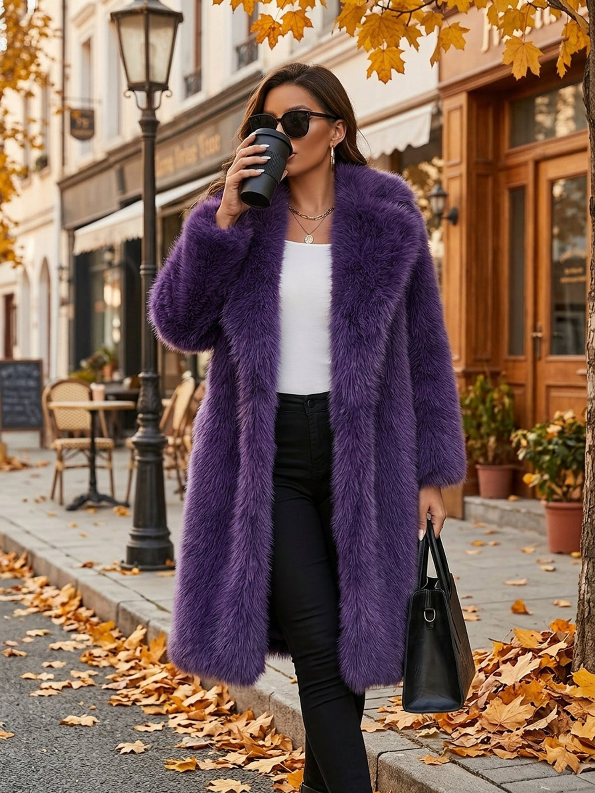 Plus Size Purple Faux Fur Lapel Coat