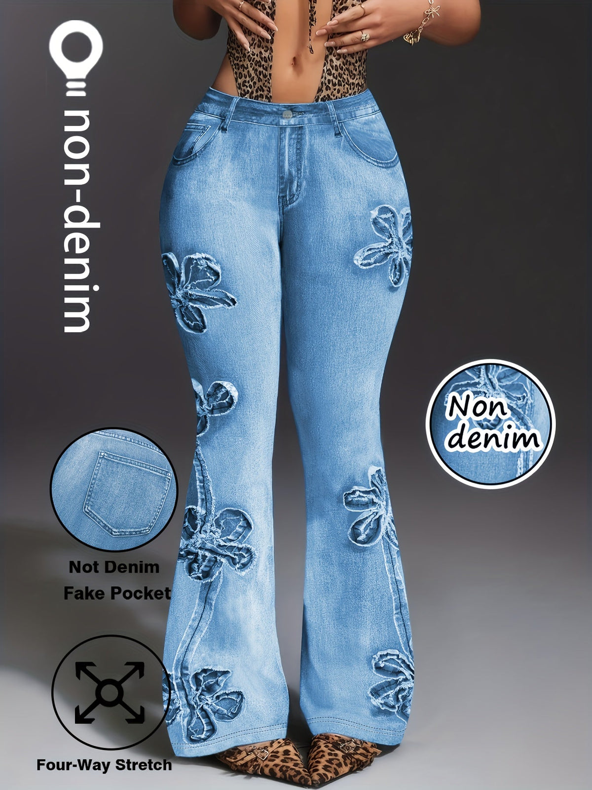 Plus Size Faux Denim Print Stretch Trousers