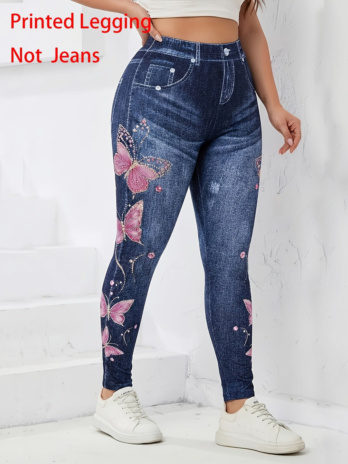 Plus Size Butterfly Print Faux Denim Leggings