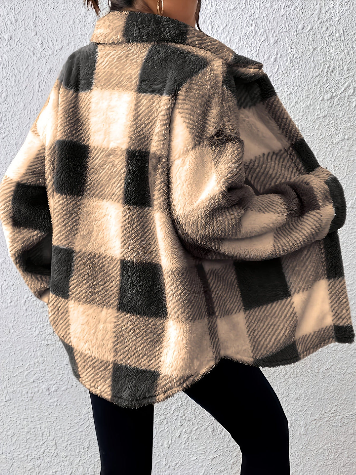Plus Size Checked Button-Front Jacket with Long Sleeves