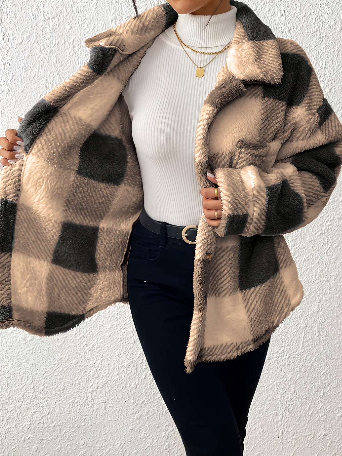 Plus Size Checked Button-Front Jacket with Long Sleeves