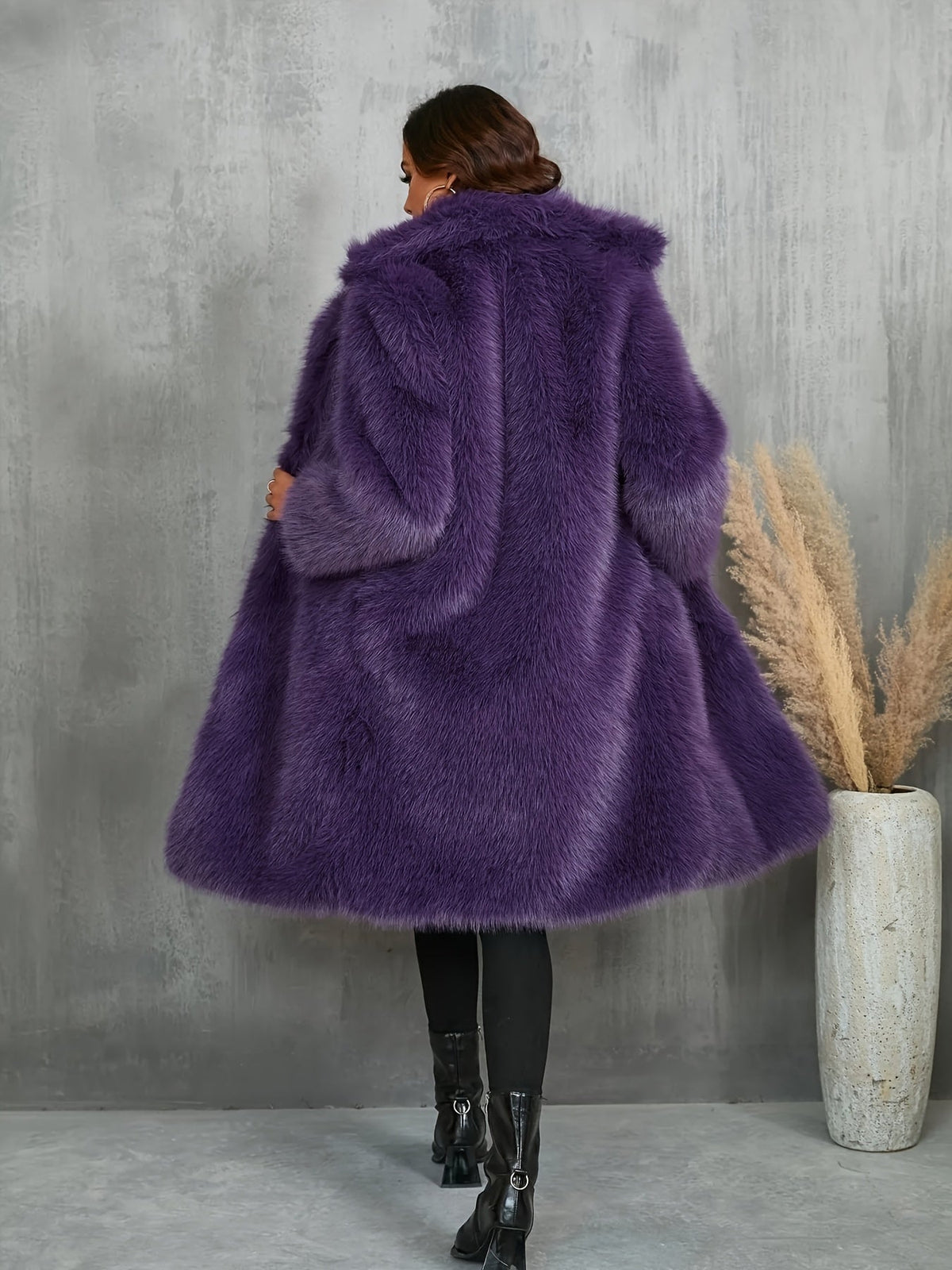 Plus Size Purple Faux Fur Lapel Coat