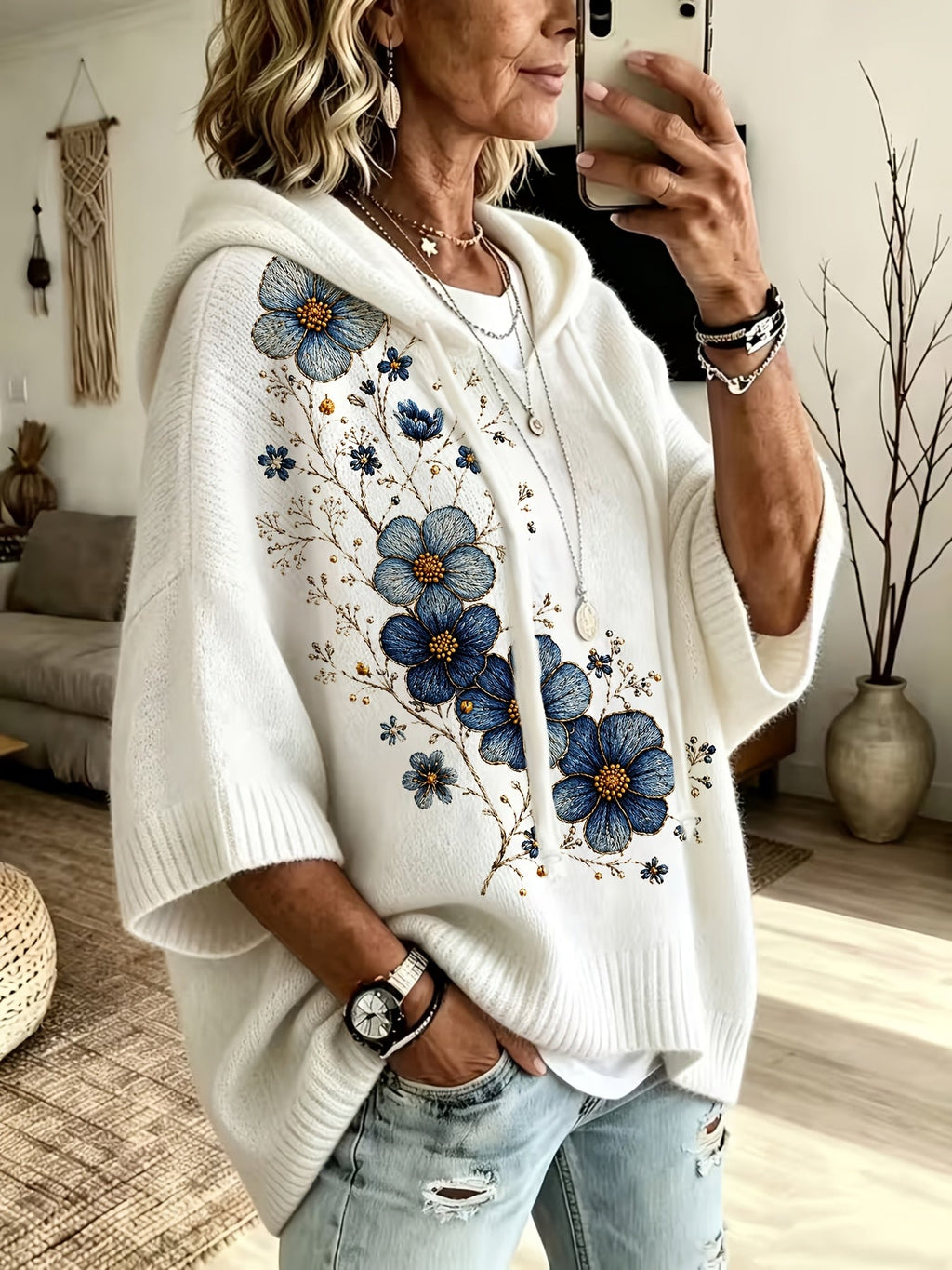 Plus Size Blue and Gold Floral Print Hooded Top