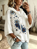 Plus Size Blue and Gold Floral Print Hooded Top
