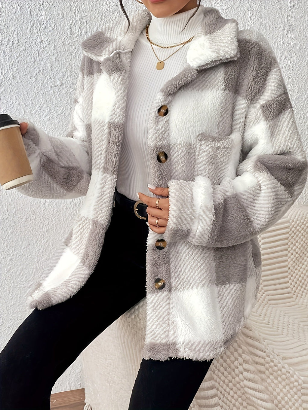 Plus Size Checked Button-Front Jacket with Long Sleeves