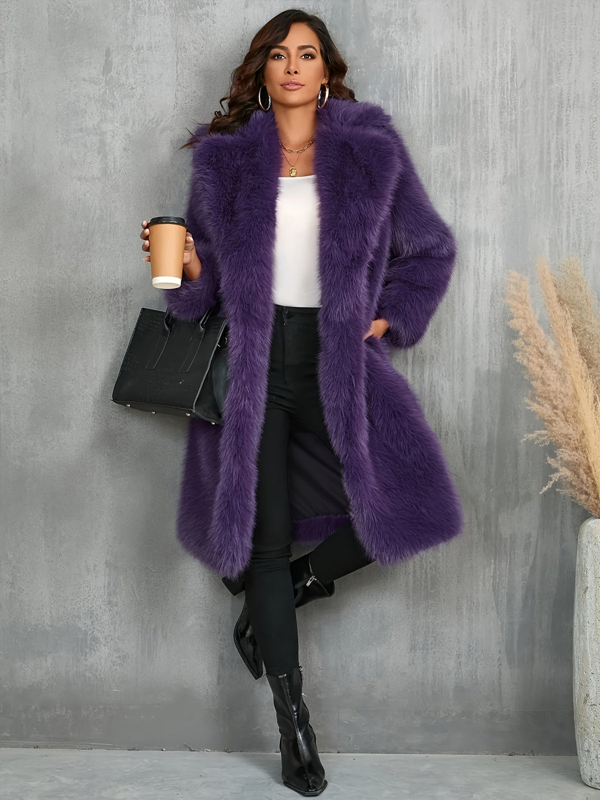 Plus Size Purple Faux Fur Lapel Coat