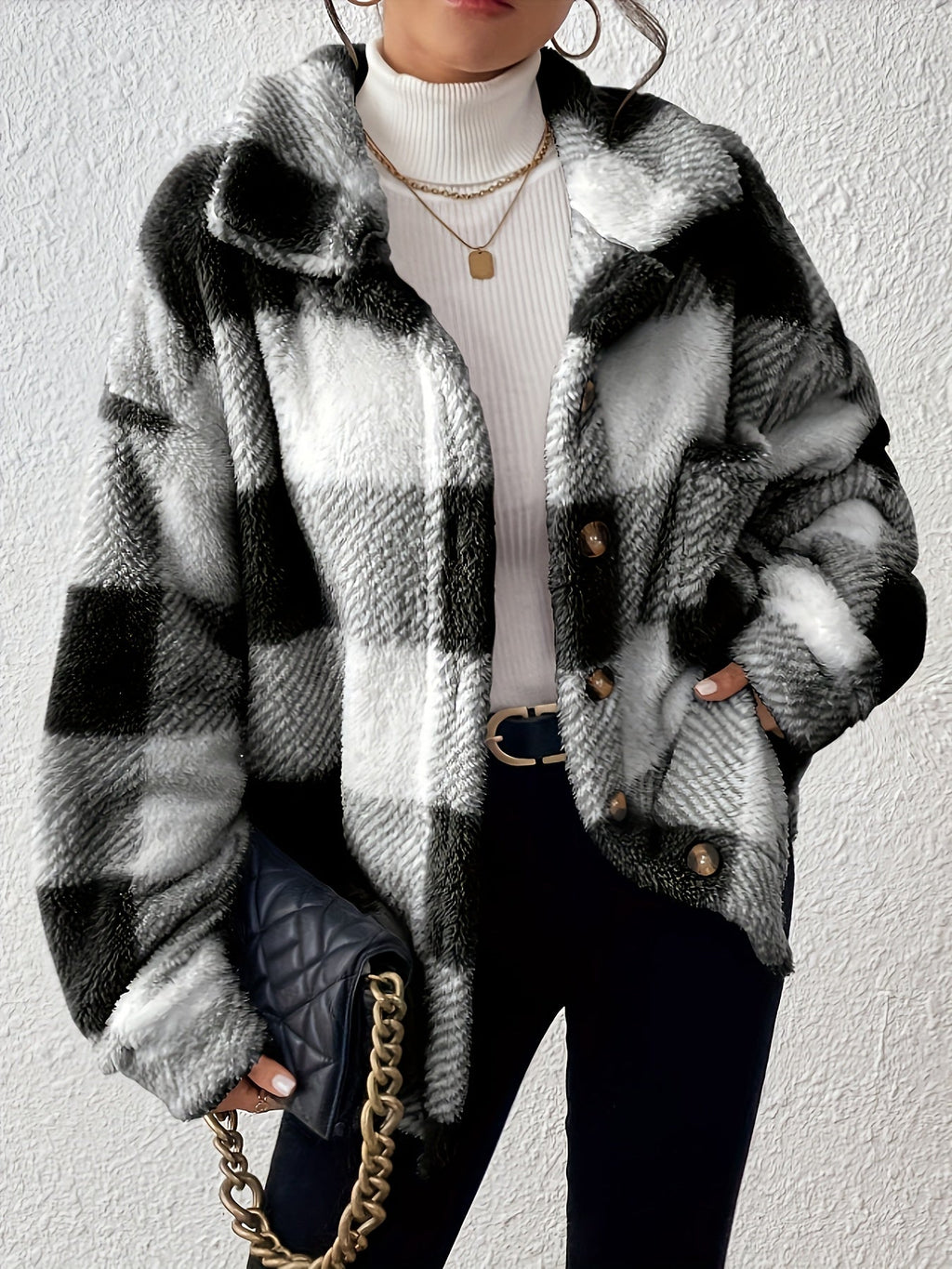 Plus Size Checked Button-Front Jacket with Long Sleeves