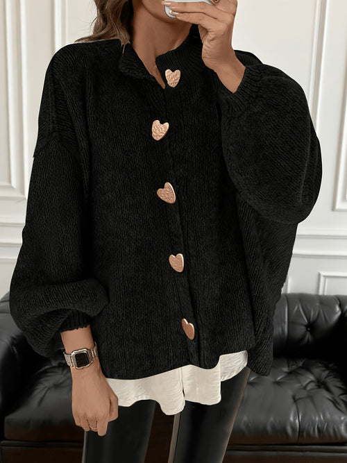 Plus Size Heart Button Crew Neck Cardigan