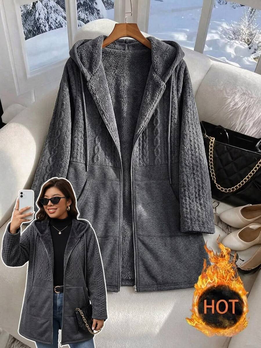 Plus Size Longline Knit Hoodie with Pockets