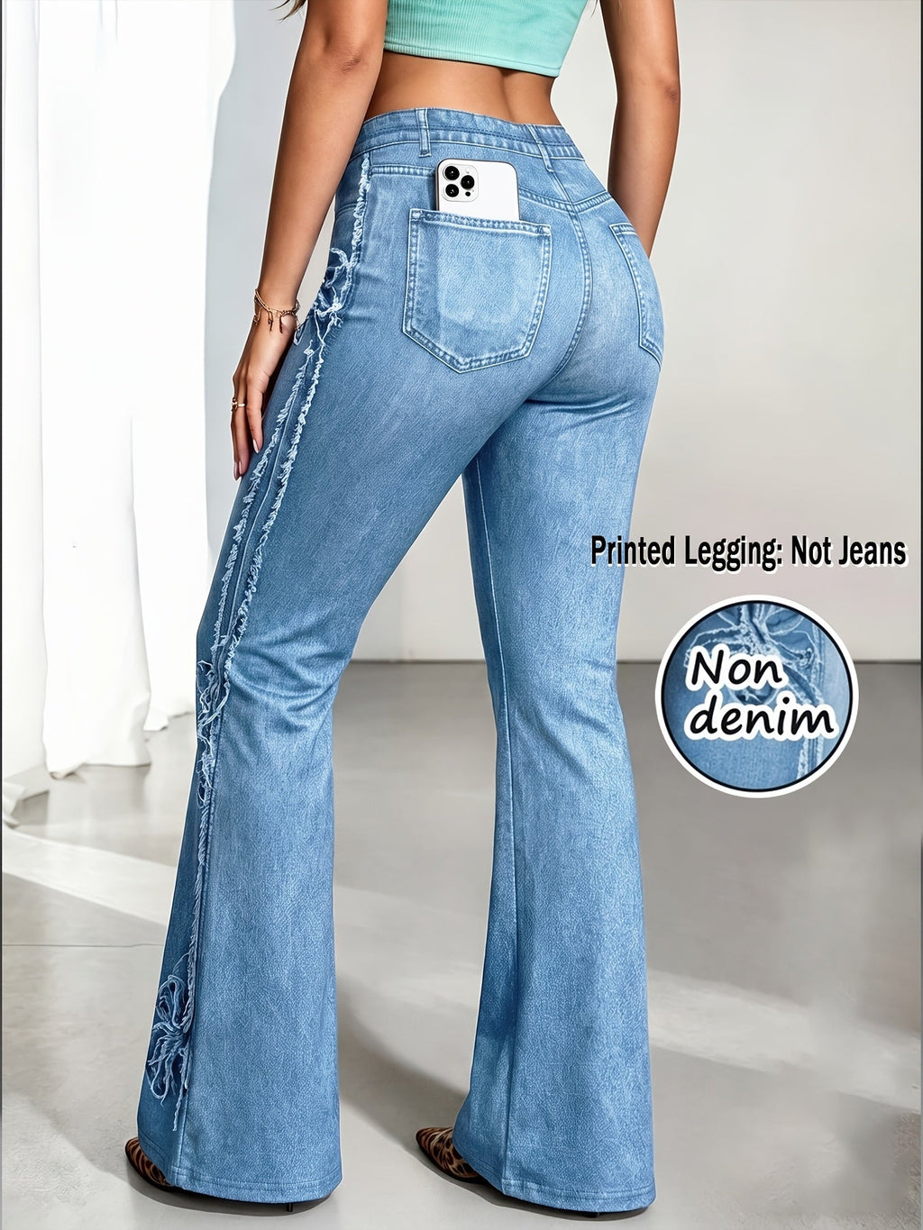 Plus Size Faux Denim Print Stretch Trousers
