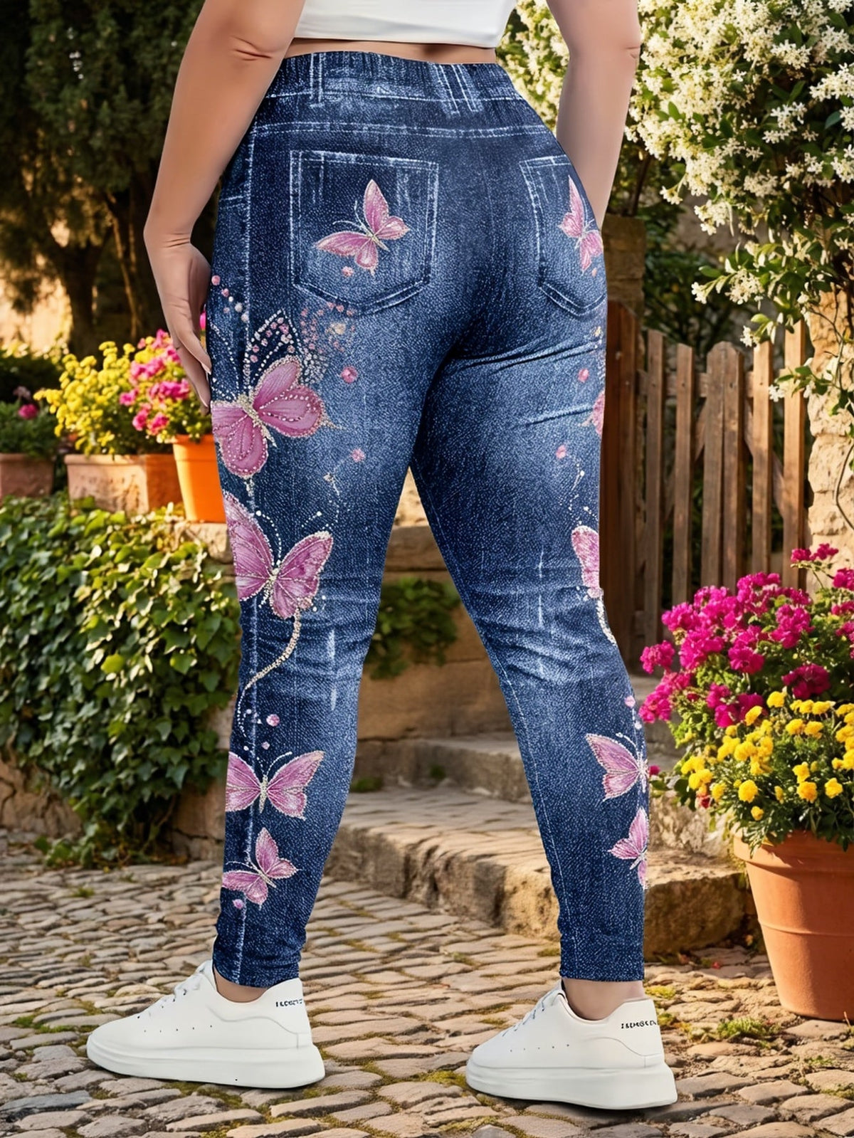 Plus Size Butterfly Print Faux Denim Leggings