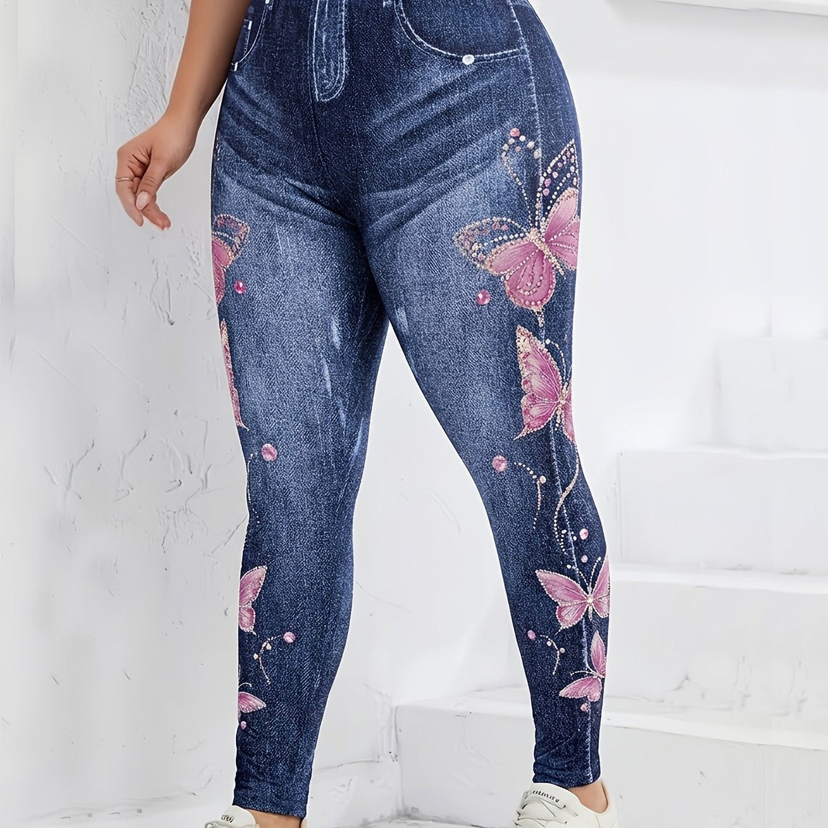 Plus Size Butterfly Print Faux Denim Leggings