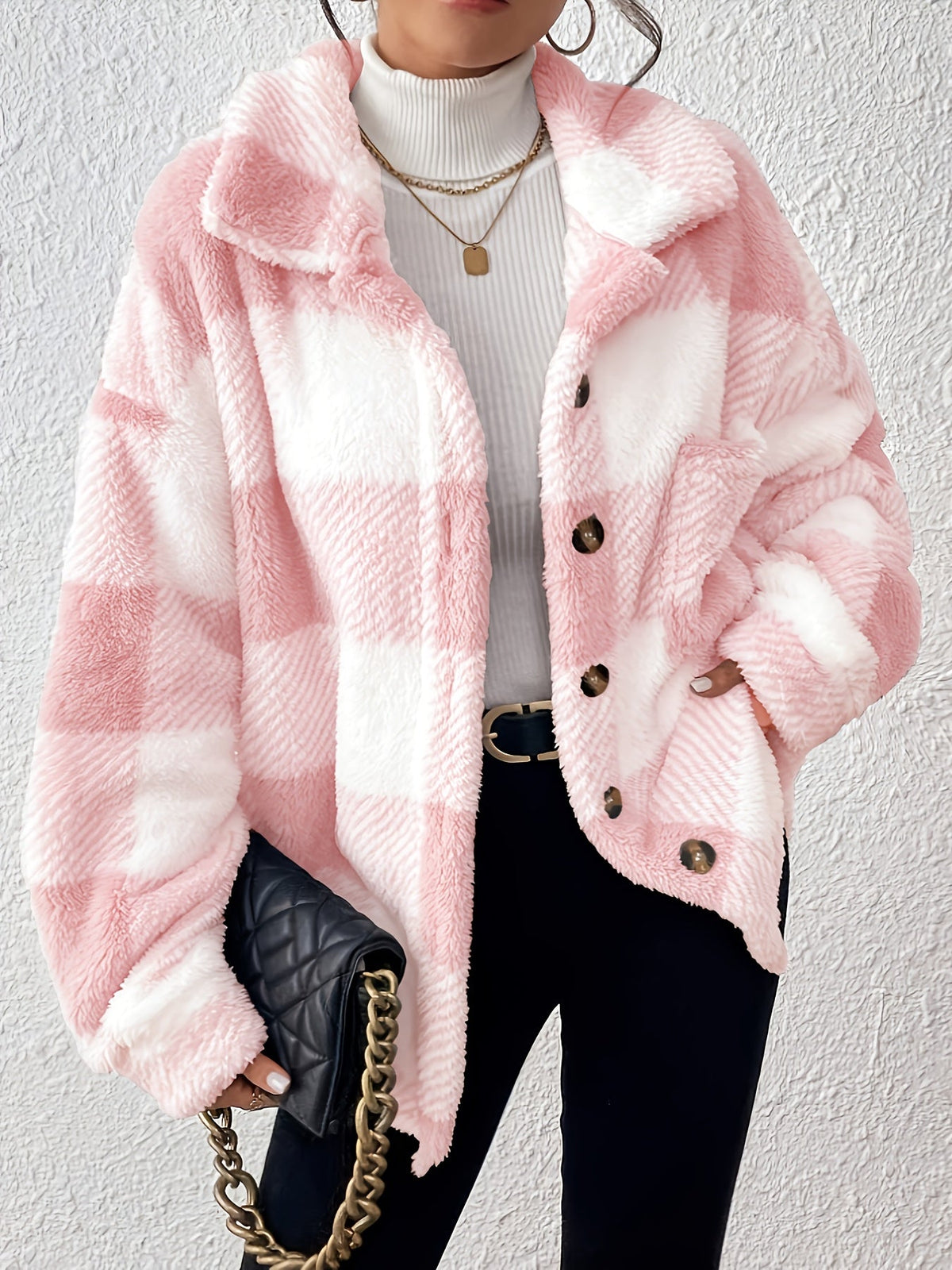 Plus Size Checked Button-Front Jacket with Long Sleeves
