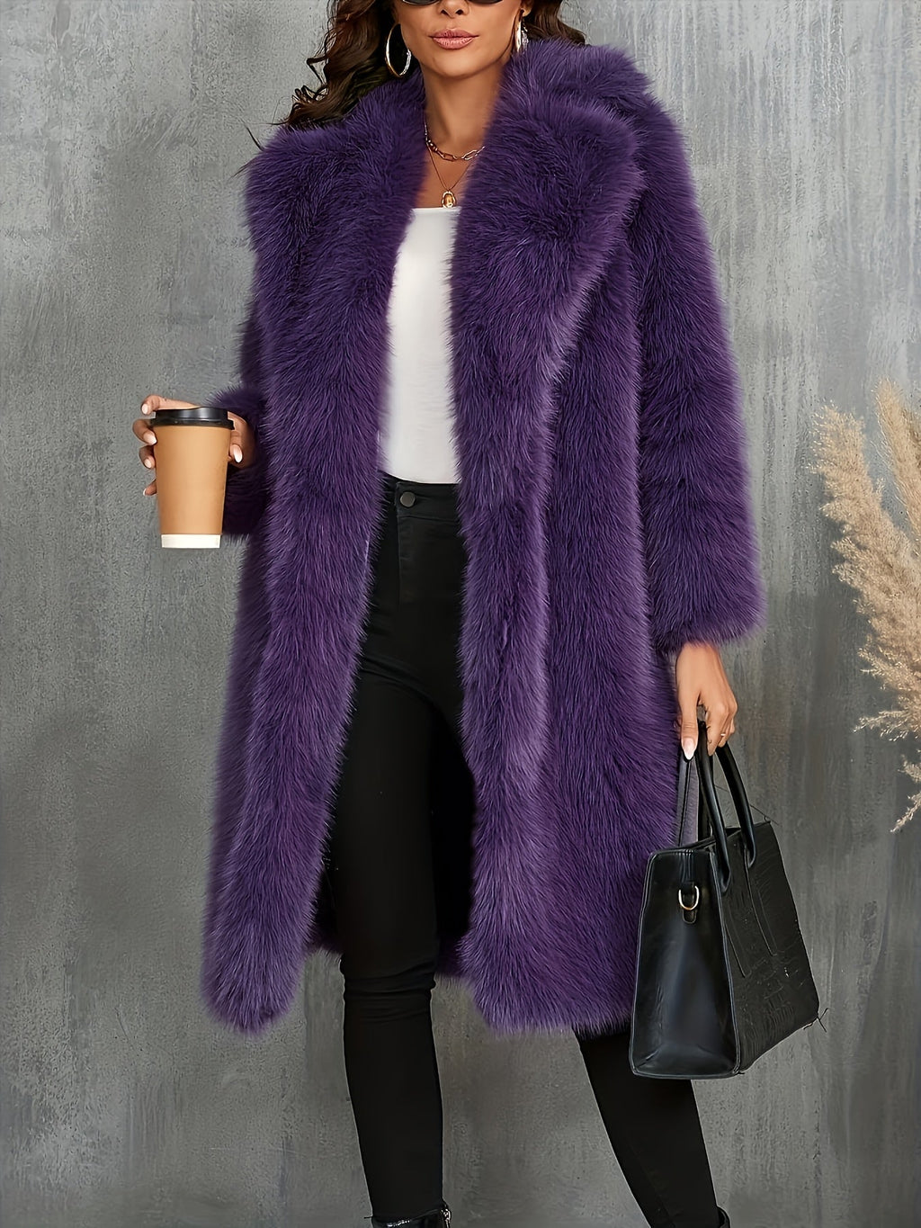 Plus Size Purple Faux Fur Lapel Coat