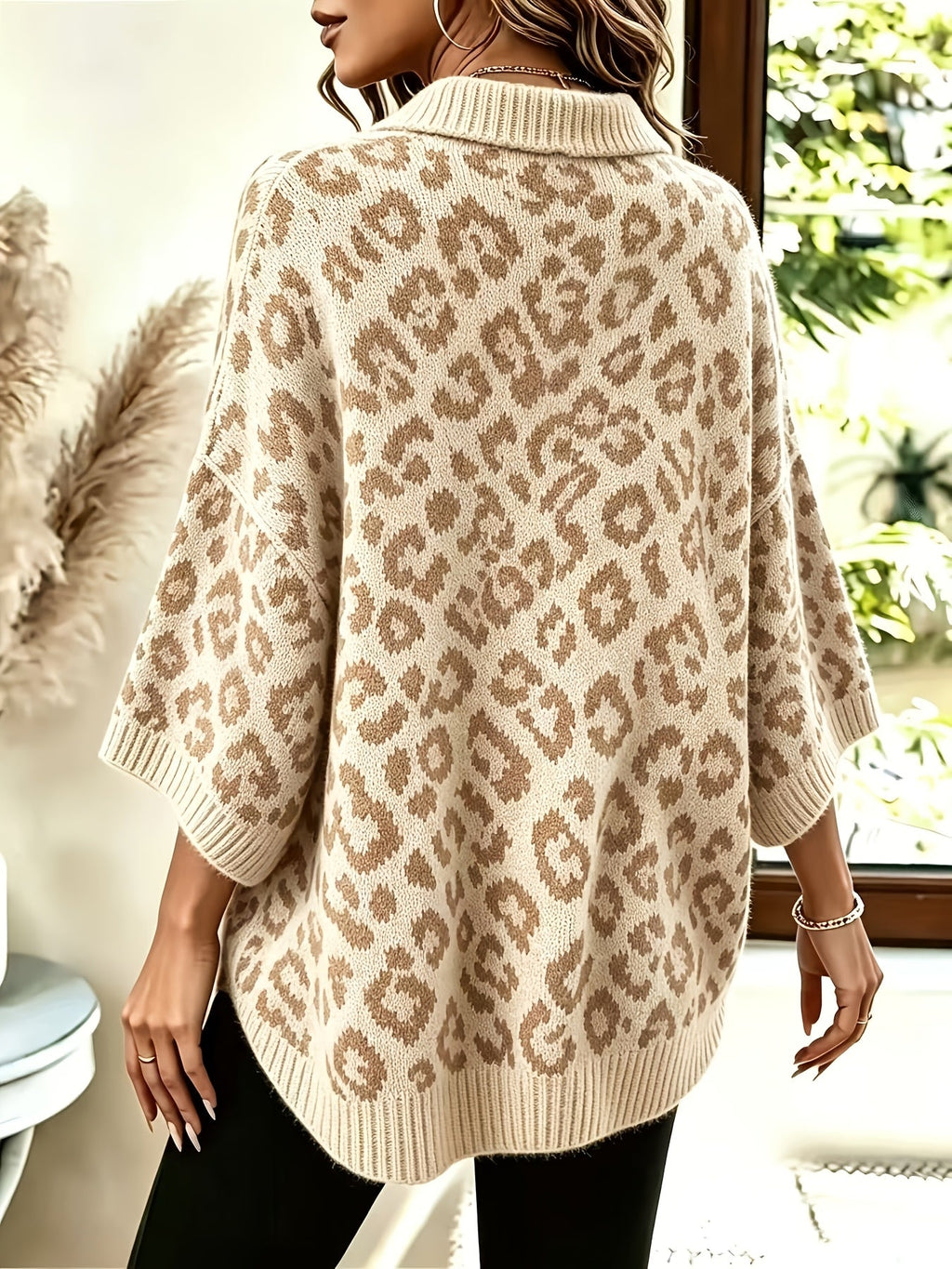 Plus Size Leopard Pattern V-Neck Jumper