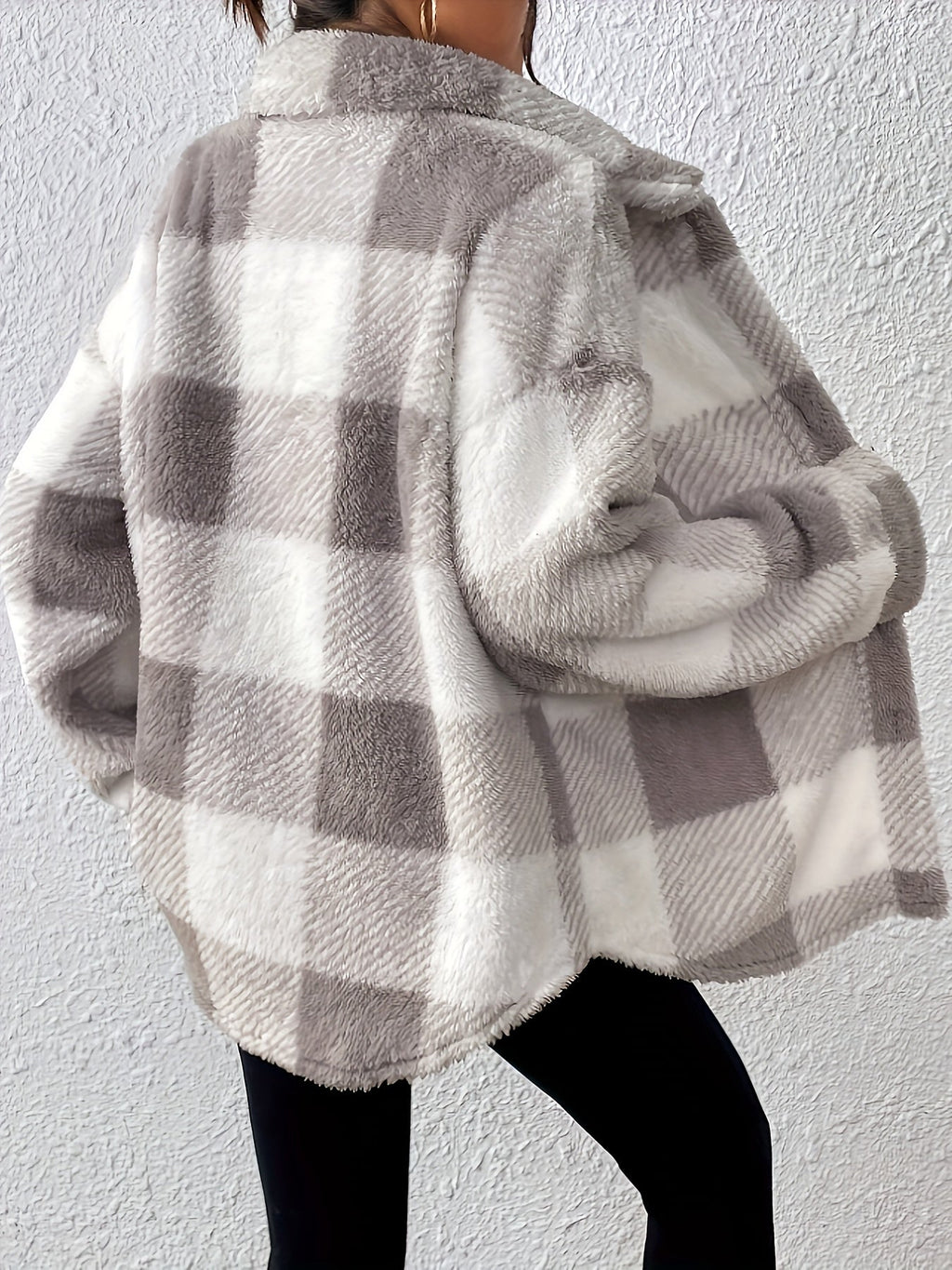 Plus Size Checked Button-Front Jacket with Long Sleeves