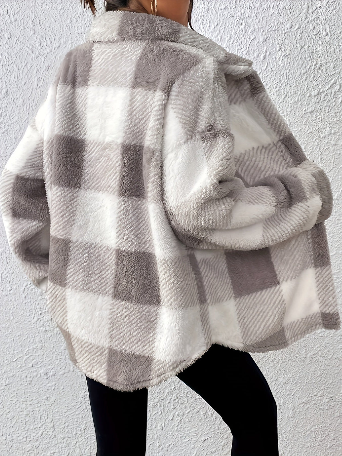 Plus Size Checked Button-Front Jacket with Long Sleeves