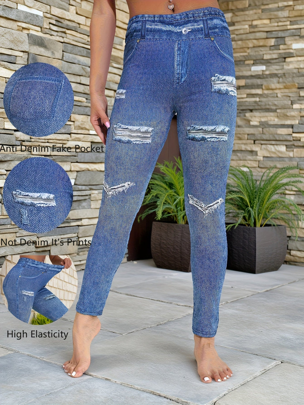 Plus Size Ripped-Effect Faux Denim Cropped Leggings