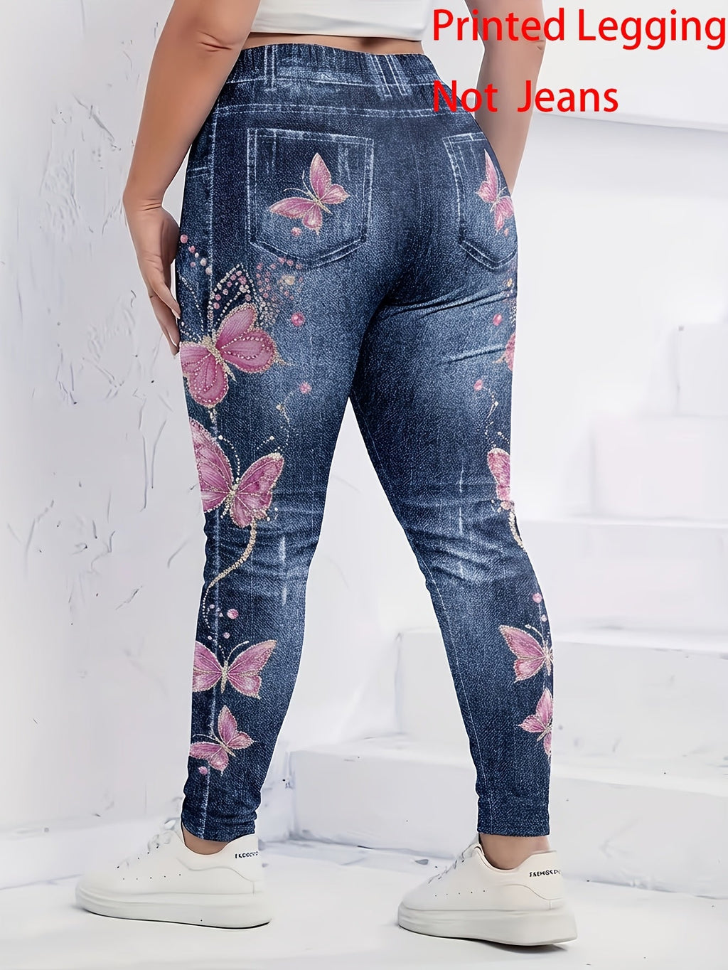 Plus Size Butterfly Print Faux Denim Leggings