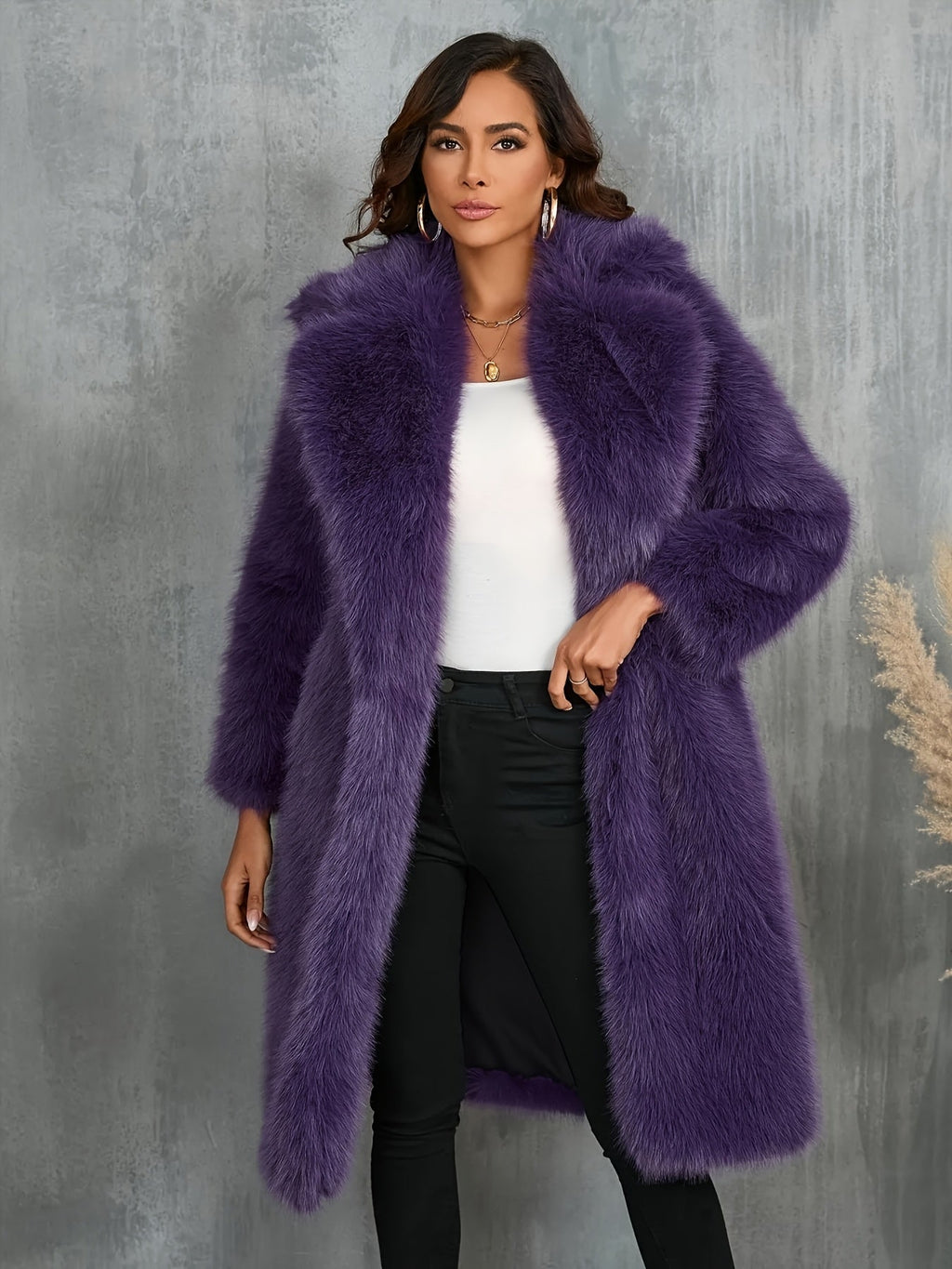 Plus Size Purple Faux Fur Lapel Coat