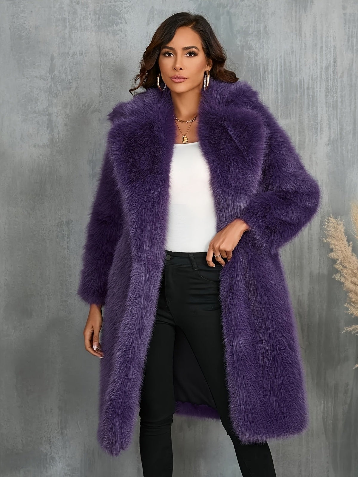 Plus Size Purple Faux Fur Lapel Coat