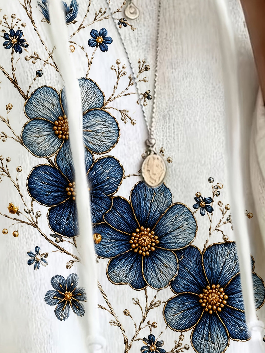 Plus Size Blue and Gold Floral Print Hooded Top