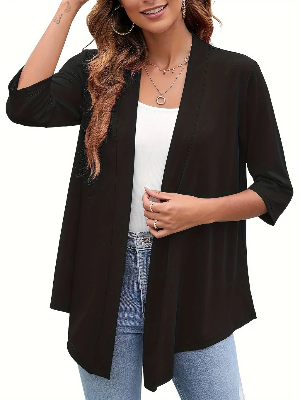 Plus Size Open-Front Cardigan with 3/4 Sleeves