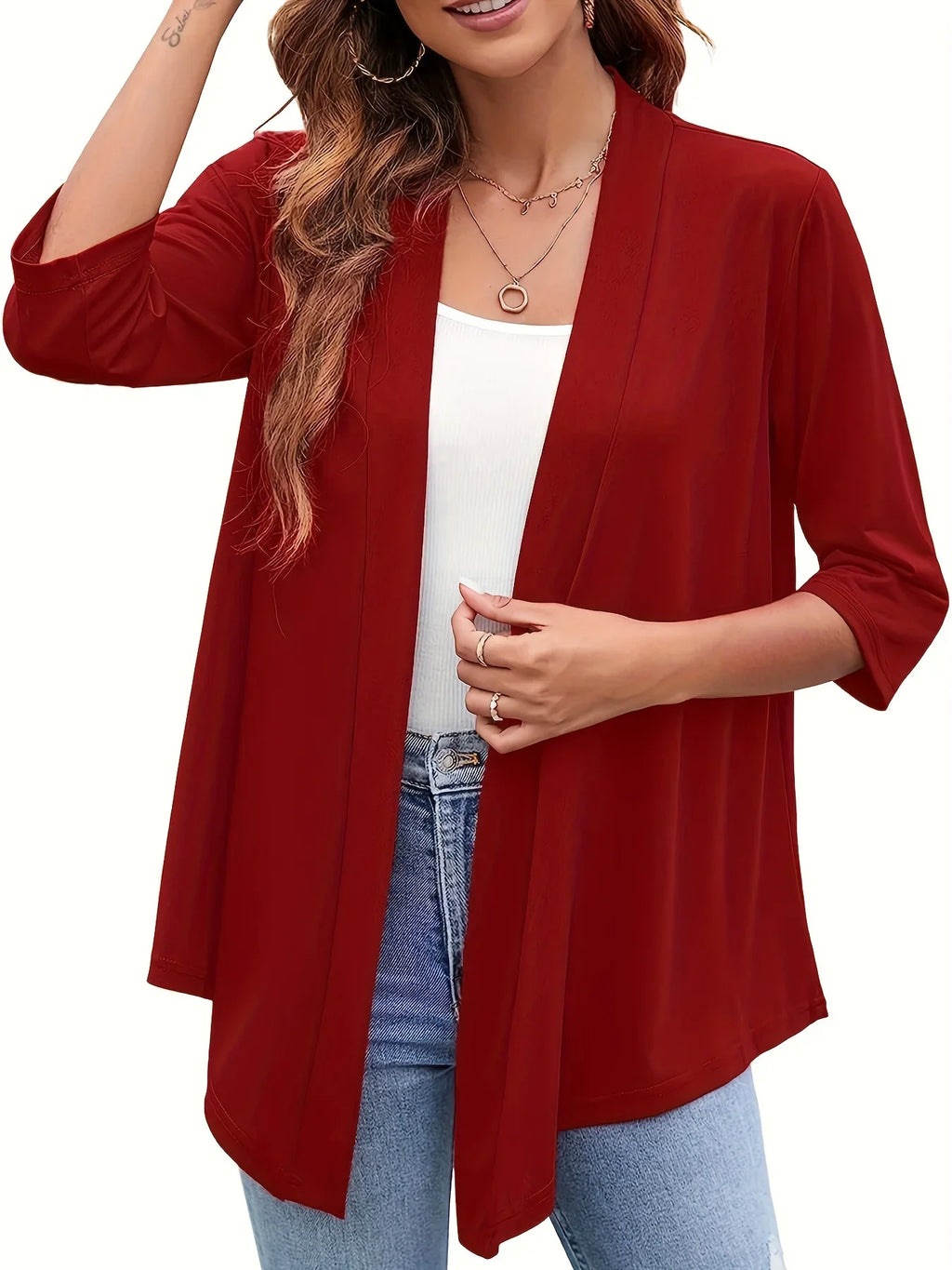 Plus Size Open-Front Cardigan with 3/4 Sleeves