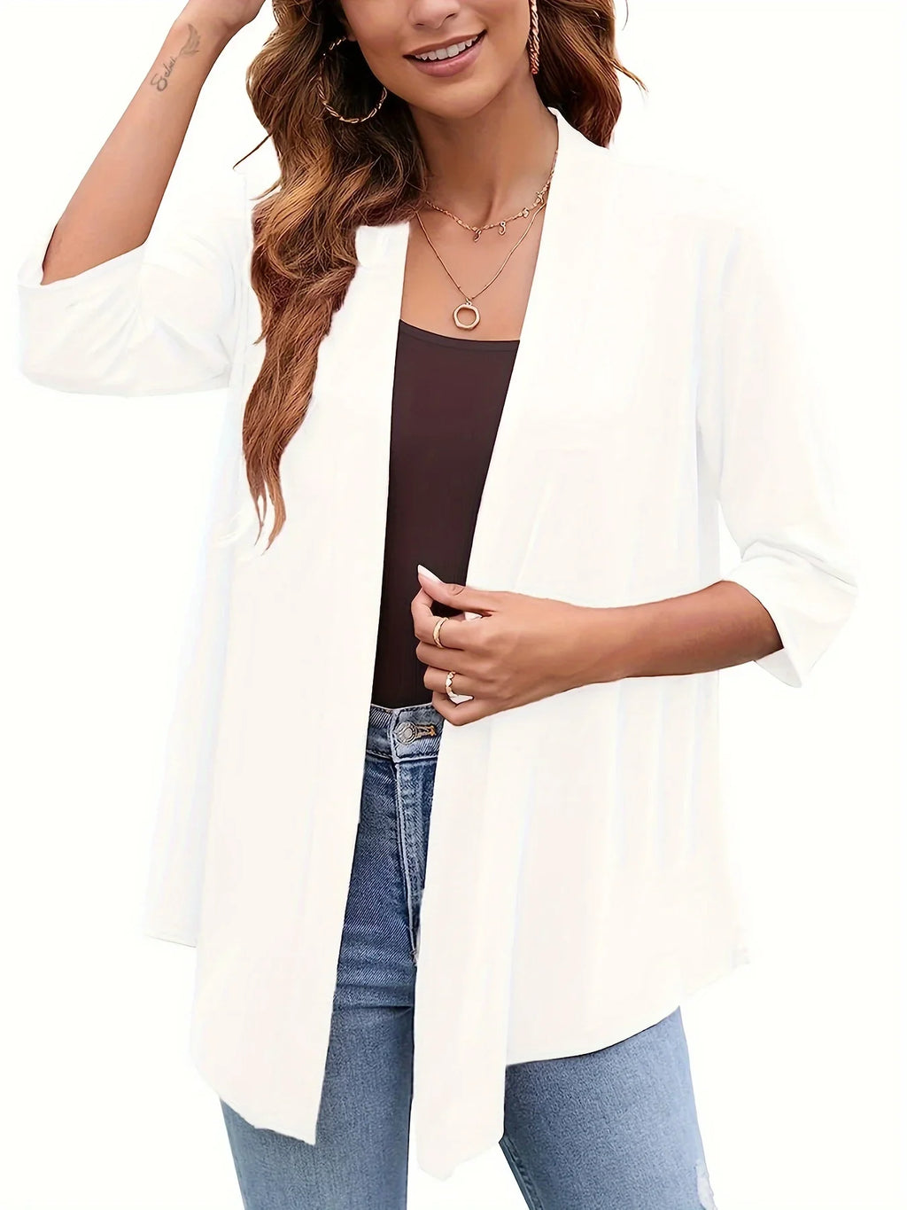 Plus Size Open-Front Cardigan with 3/4 Sleeves