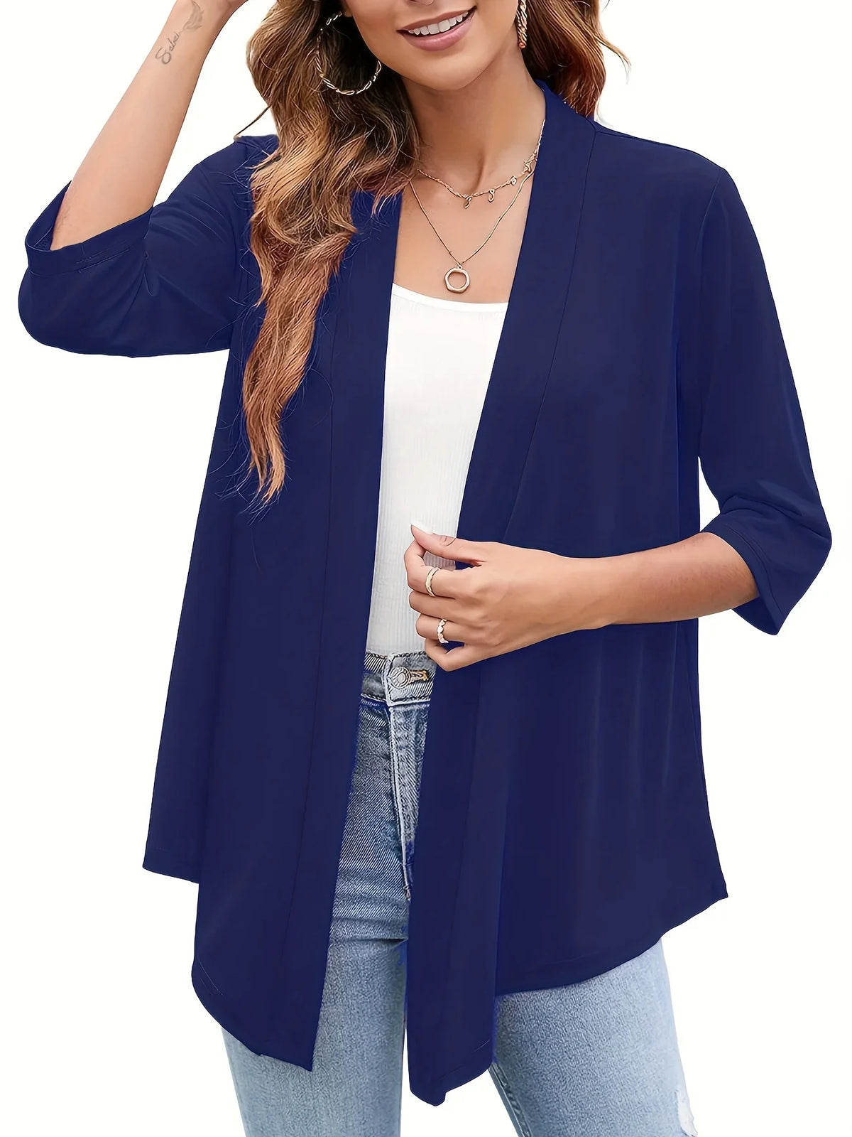 Plus Size Open-Front Cardigan with 3/4 Sleeves
