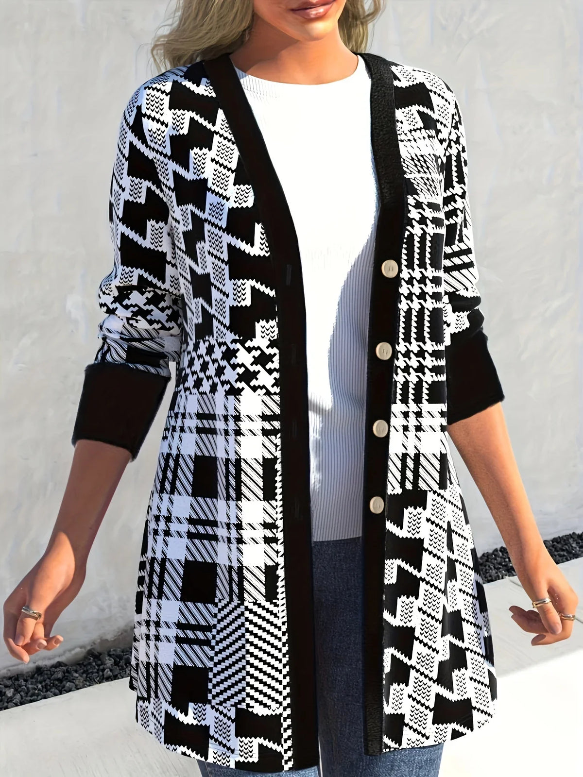 Plus Size Geometric Print Button-Up Cardigan