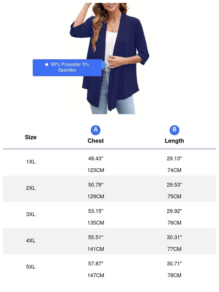 Plus Size Open-Front Cardigan with 3/4 Sleeves