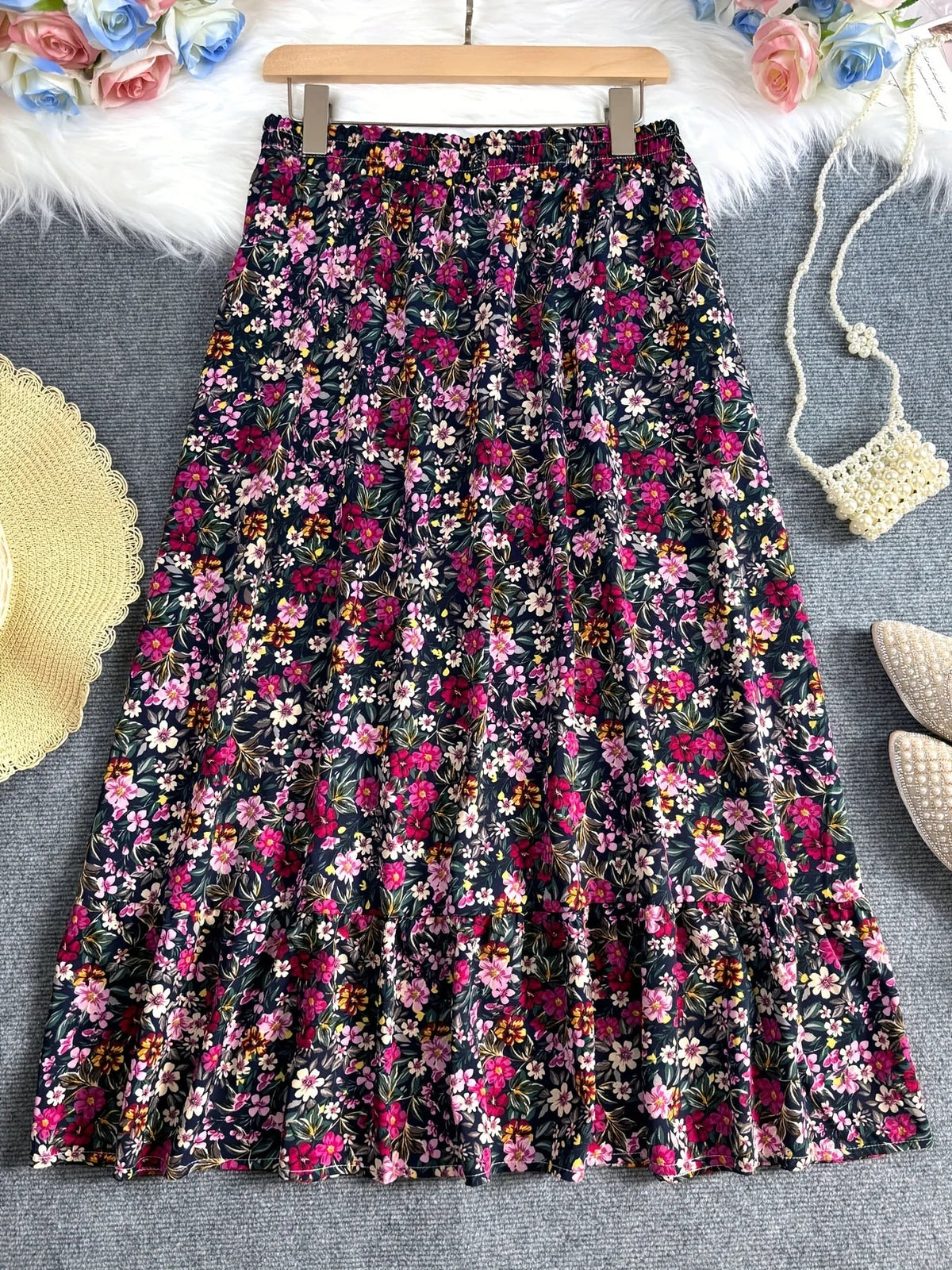 Plus Size Floral Print A-Line Midi Skirt
