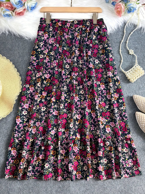 Plus Size Floral Print A-Line Midi Skirt