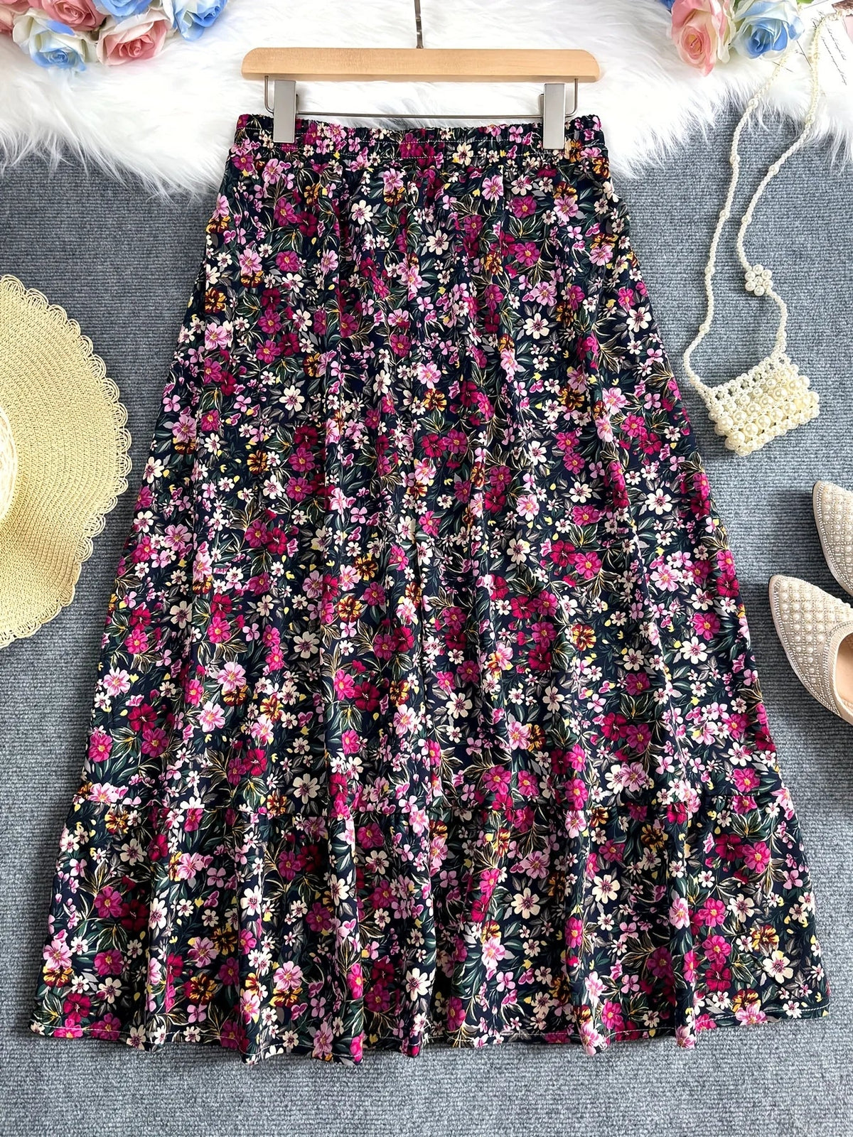 Plus Size Floral Print A-Line Midi Skirt