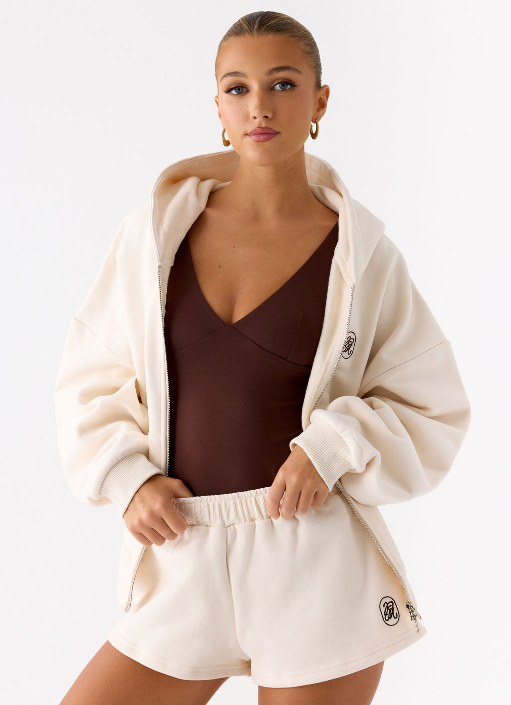 Signature Double Zip Up Hoodie - Cream