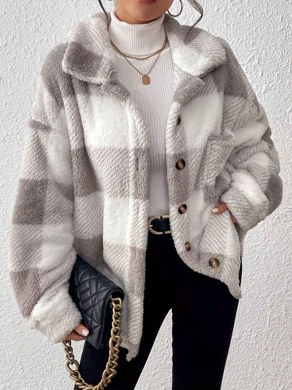 Plus Size Checked Button-Front Jacket with Long Sleeves