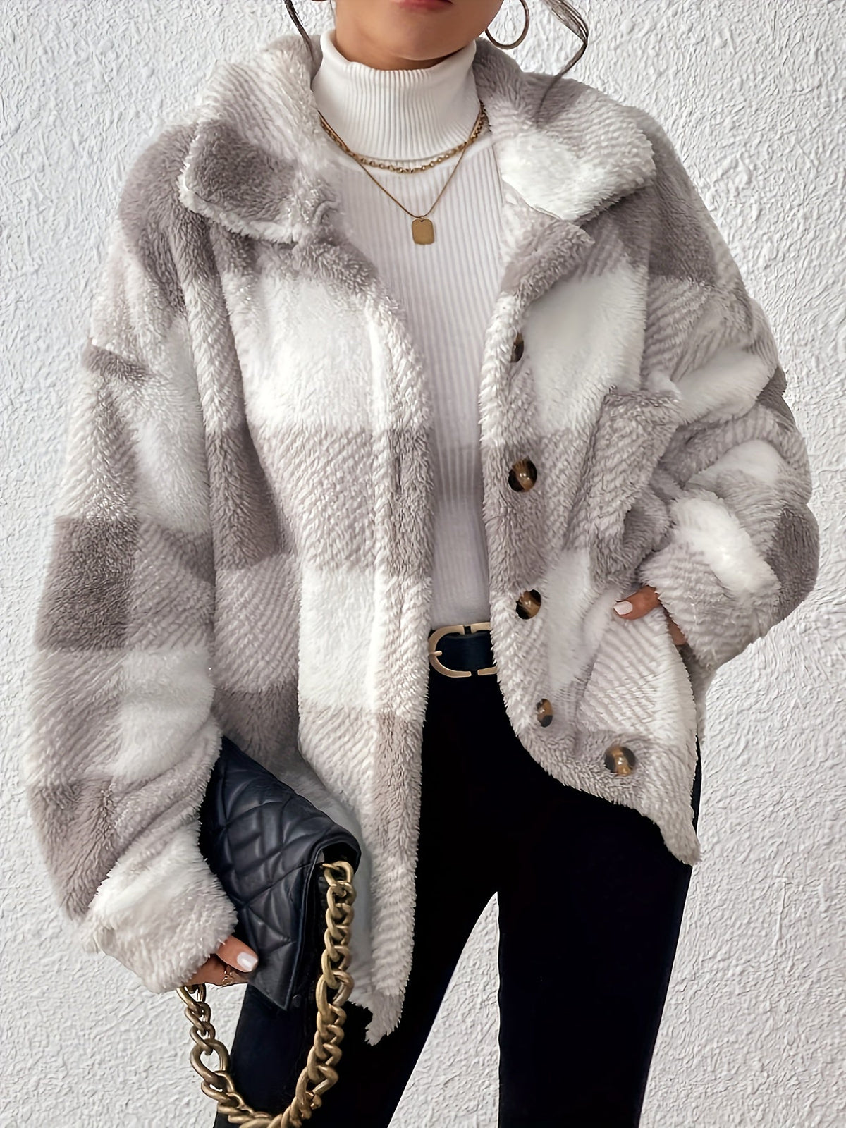 Plus Size Checked Button-Front Jacket with Long Sleeves